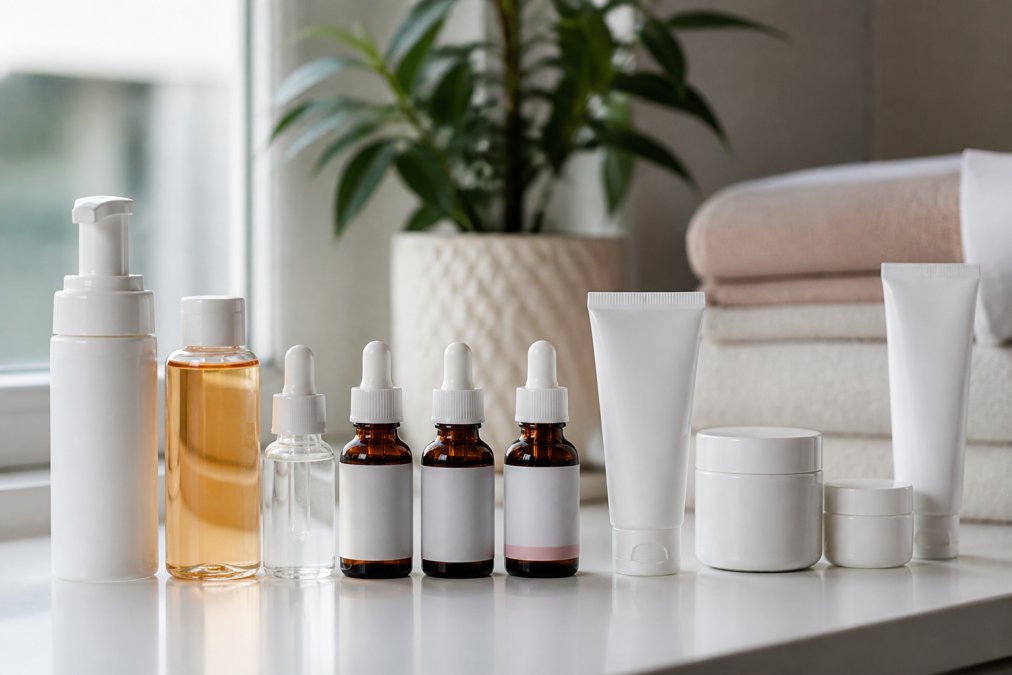 Complete beginner's skincare routine with organized professional-grade products displayed on clean white surface, showing chemical peel bottles, serums, moisturizers, and sunscreen arranged in logical application order with natural window lighting