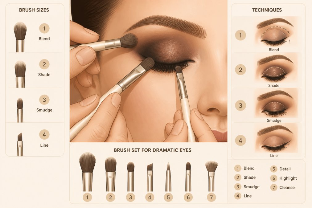 Close-up of a makeup artist's hands applying dramatic smokey eyeshadow using different brush sizes on a model's eyelid, showing blending and shading techniques in action with warm studio lighting