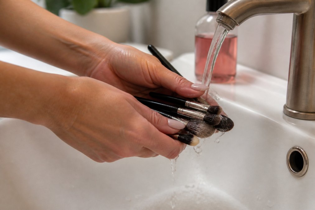 Hands rinsing makeup brushes under warm running water in a sink, with brush cleaner or gentle soap visible, showing proper cleaning technique with water droplets visible