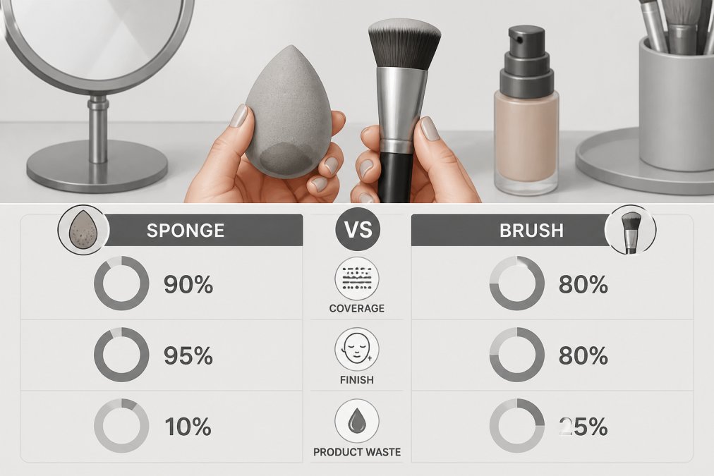 Comparison diagram of a damp makeup sponge vs brush for foundation coverage and product waste levels