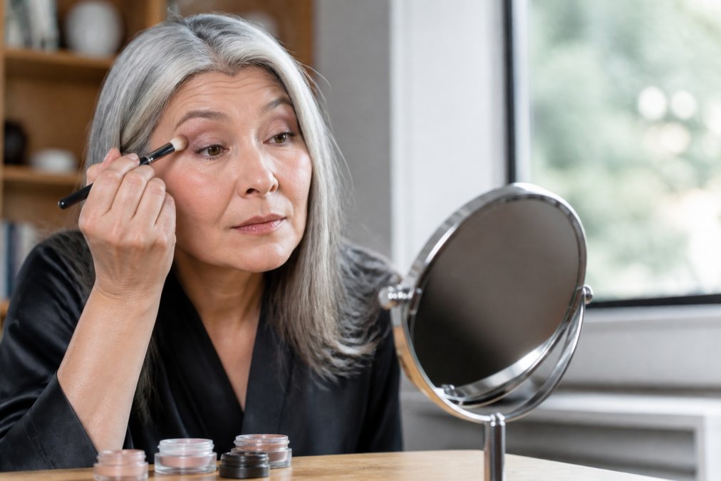 Woman over 50 applying neutral eyeshadow to hooded eyes with a brush at a sunlit vanity