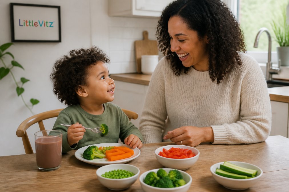 Infographic showing a stress-free mealtime process to help serve greens for picky eaters in a calm family kitchen.