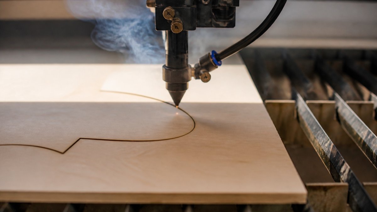 Close-up of a laser cutter head tracing a curved path through a sheet of pale birch plywood on the machine bed, thin smoke rising, workshop lighting from the side