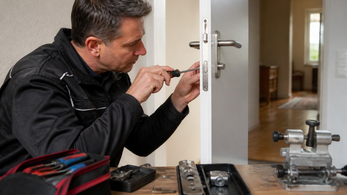 Close-up van een slotenmaker die met gereedschap aan een deurslot werkt in een huiselijke omgeving, met professionele uitrusting zichtbaar op het werkblad