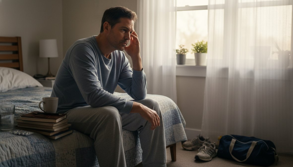 A middle-aged man sitting on the edge of a bed in dim morning light, elbows resting on his knees, head slightly bowed, conveying fatigue and low mood, with soft sunlight filtering through sheer curtains behind him