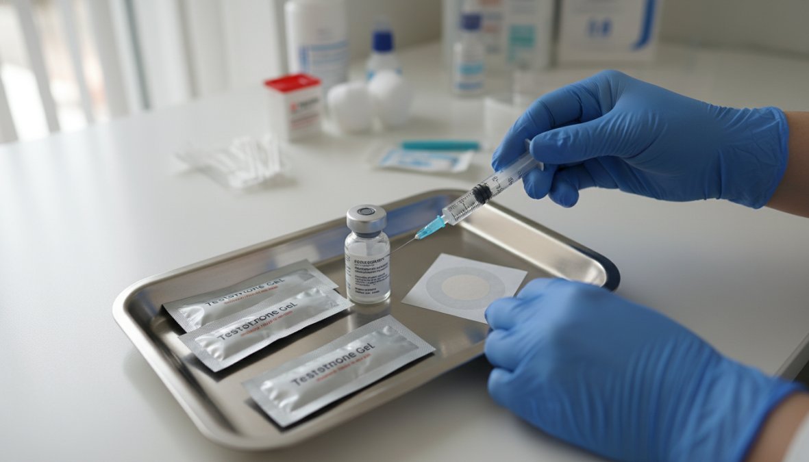 A healthcare provider's gloved hands carefully preparing a medical syringe on a sterile clinical tray, with testosterone gel packets and a small adhesive patch arranged nearby under bright examination room lighting