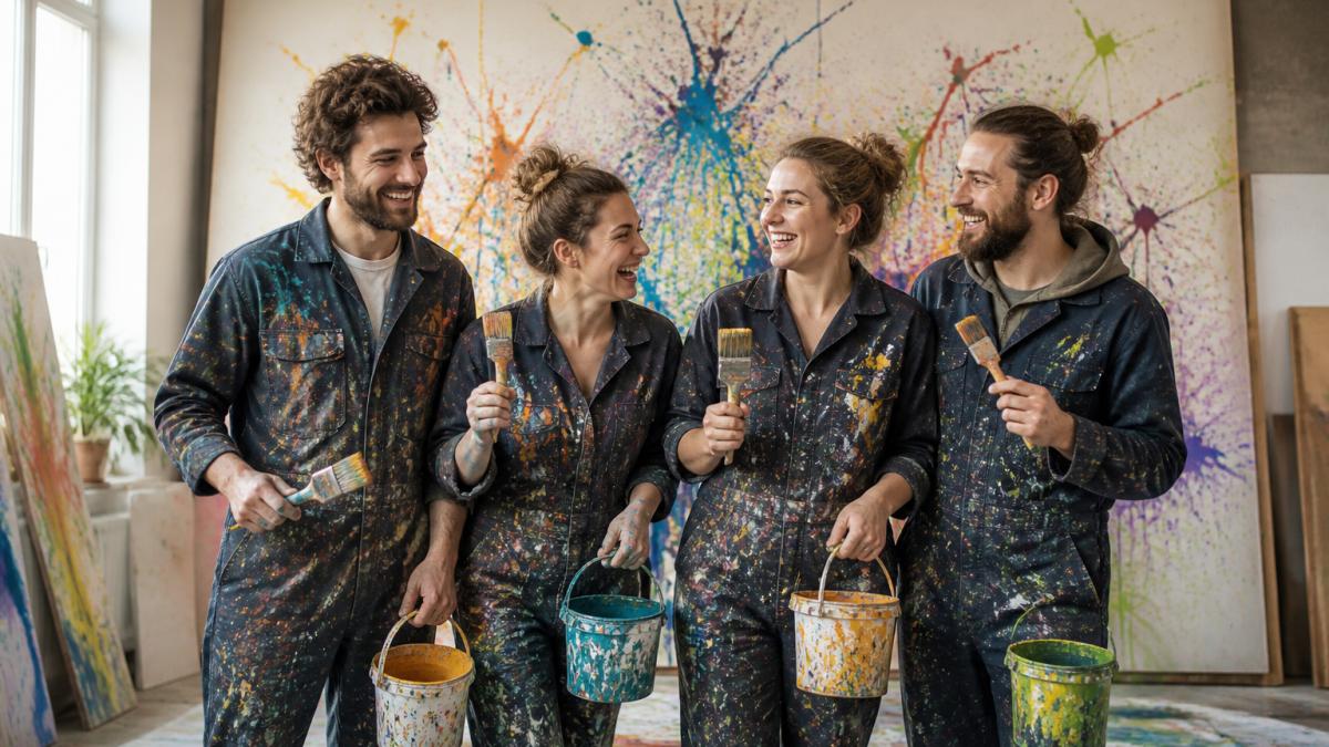 Ein kleines Team in Arbeitskleidung mit Farbspritzern steht lachend vor einer großen Leinwand, hält Pinsel und Farbeimer in einem hellen Atelierraum