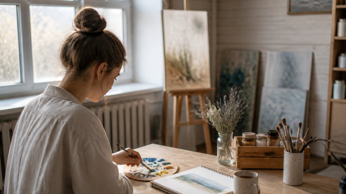Eine Person sitzt allein an einem hellen Fensterplatz in einem ruhigen Atelier und mischt Farben auf einer Palette, neben ihr ein Skizzenbuch und ein Becher Tee, weiches Tageslicht, keine Menschenmenge im Hintergrund