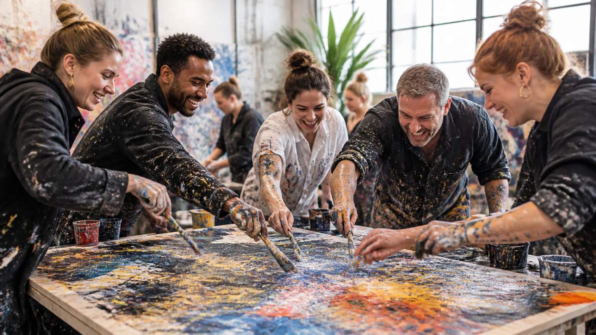 Diverse Mitarbeiter beim Action Painting als kreatives Gruppenevent oder Malkurs mit viel Freude am Kunstwerk