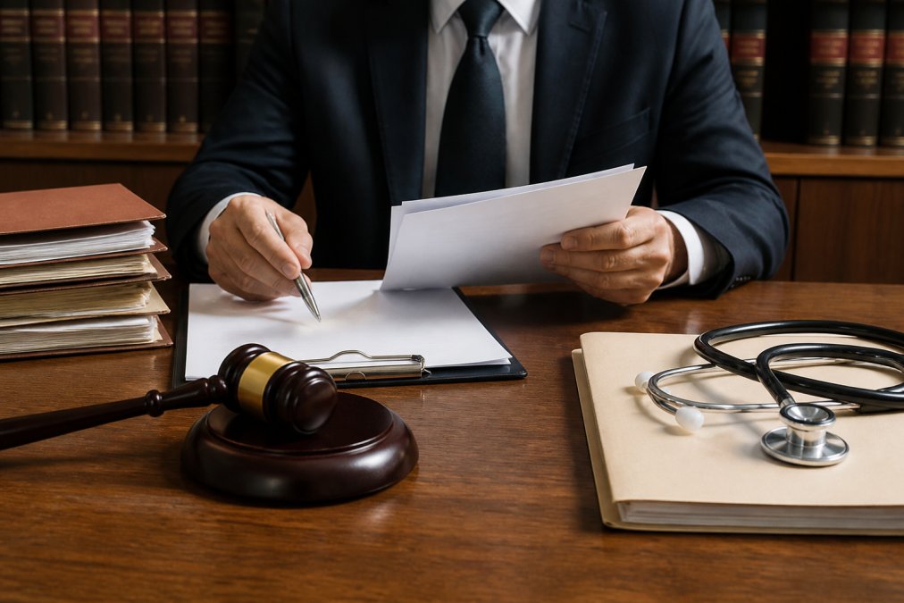 A focused attorney reviewing legal documents and a settlement offer at a wooden desk in a law office, with a stethoscope and medical file visible nearby