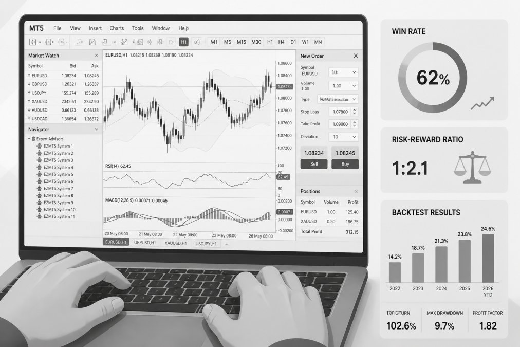Close-up of hands on keyboard with MT5 platform visible on screen, showing candlestick charts, technical indicators, and order management panels