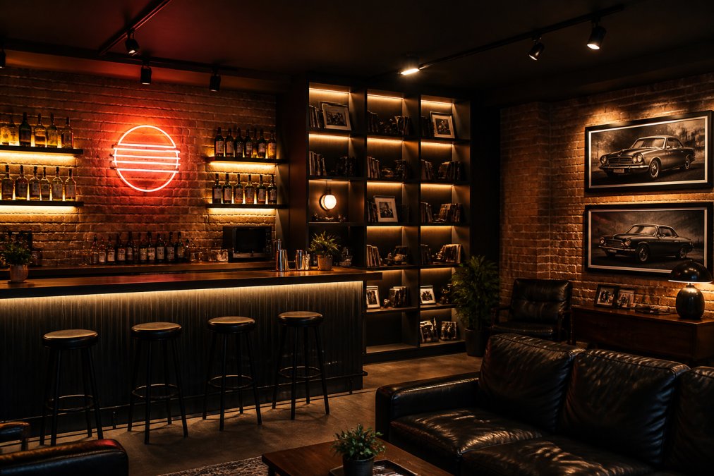 Man cave interior with layered ambient lighting, including warm LED strips outlining shelving units, a vintage neon sign glowing softly above a bar area, and directional spotlights highlighting classic car artwork on exposed brick walls