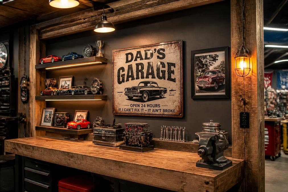 Garage workshop wall featuring a vintage "Dad's Garage" aluminum sign above a wooden workbench, with display shelves holding classic car models and memorabilia, warm lighting highlighting the collection, and reclaimed wood accents framing the wall