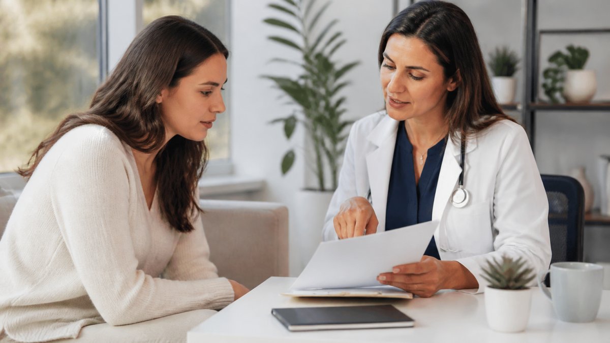 Healthcare provider discussing treatment options with patient in modern clinical setting, reviewing medical notes together, showing collaborative care approach with natural lighting