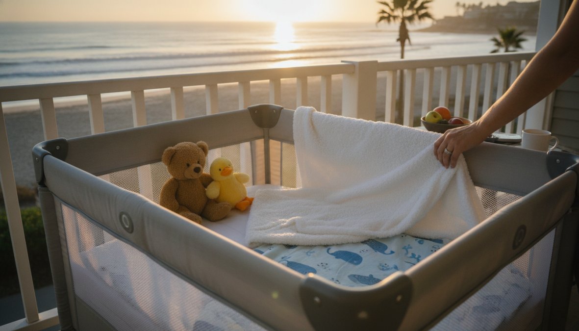 Parent setting up a portable crib in a bright beach vacation rental bedroom, unpacking familiar sleep items like a favorite blanket and stuffed animal from a suitcase, with ocean view visible through window