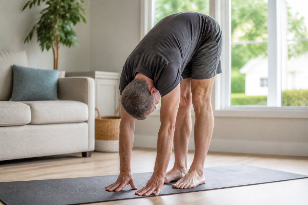 Person in their 50s performing gentle forward fold stretch in a bright home setting with natural light from windows, demonstrating low-impact flexibility work