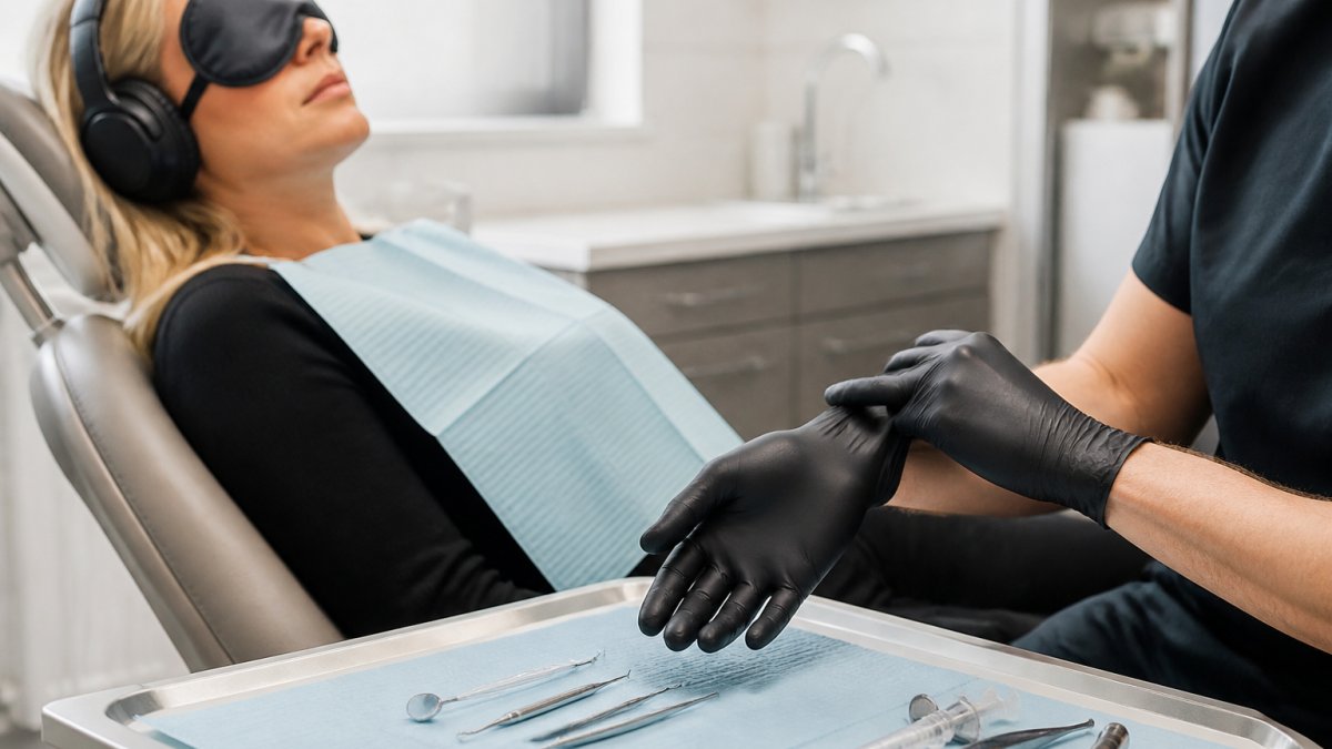 Patient sitting in comfortable dental chair wearing headphones and relaxation mask, with soft ambient lighting in modern clinical setting