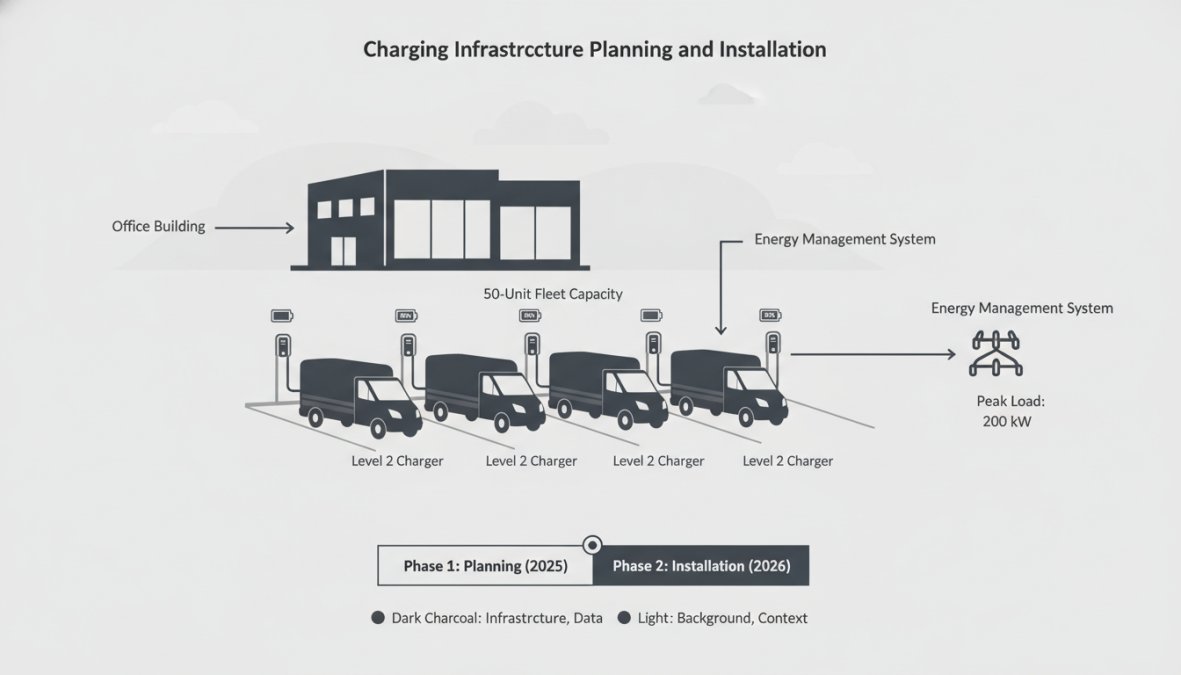 Fleet depot showing charging infrastructure with electric vans parked at Level 2 chargers, office building visible in background, morning light with clear weather