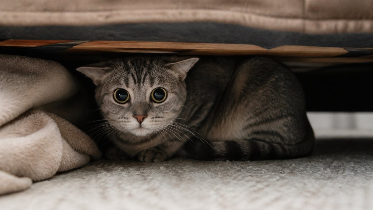 Infographic illustrating signs of feline anxiety like dilated pupils and hiding behavior during storms