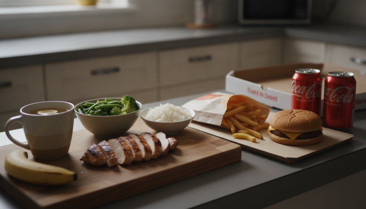 Kitchen counter displaying fresh, light foods including grilled chicken breast, steamed broccoli, and ginger tea alongside items to avoid like fried foods, butter, and carbonated beverages