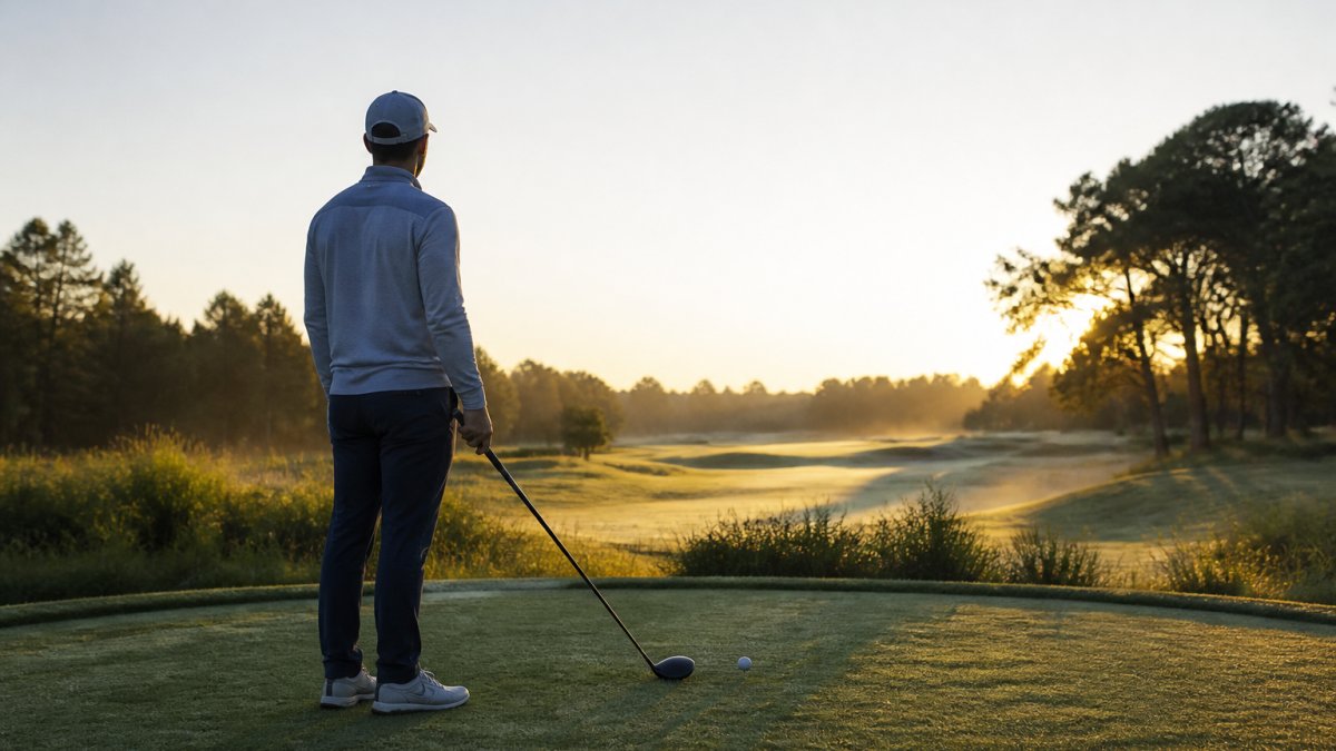 Golfer standing on the tee box at dawn with morning light across quiet fairway, taking a deep breath before addressing the ball, showing focused calm before round begins