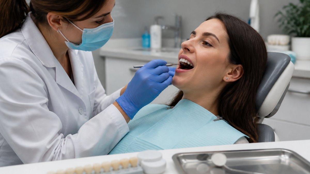 Dentist using a periodontal probe to assess gum levels for gum recession veneers during a clinical examination