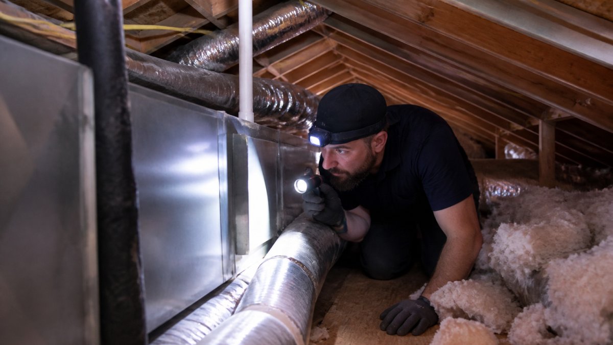 Technician using a flashlight to inspect ductwork in a tight attic to improve HVAC equipment accessibility.