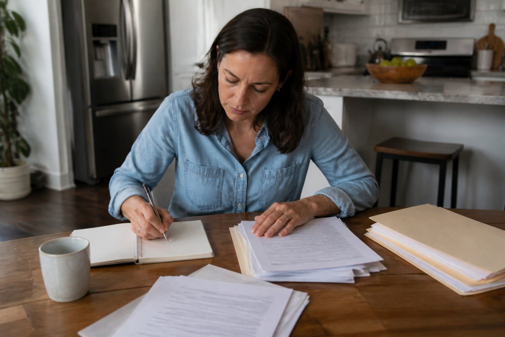 Adult child sitting at a kitchen table with documents, a notebook, and a checklist, looking focused and organized while managing estate paperwork