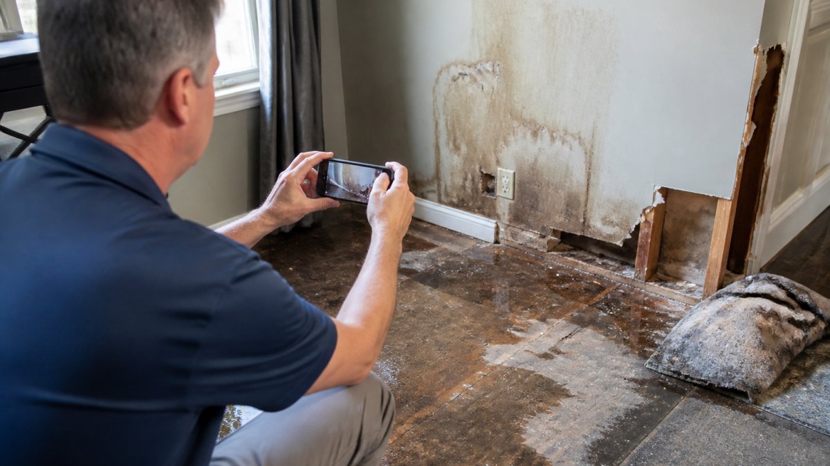 Homeowner using smartphone to photograph water damage on drywall and flooring in residential room, with visible water stains and wet materials visible in natural window light