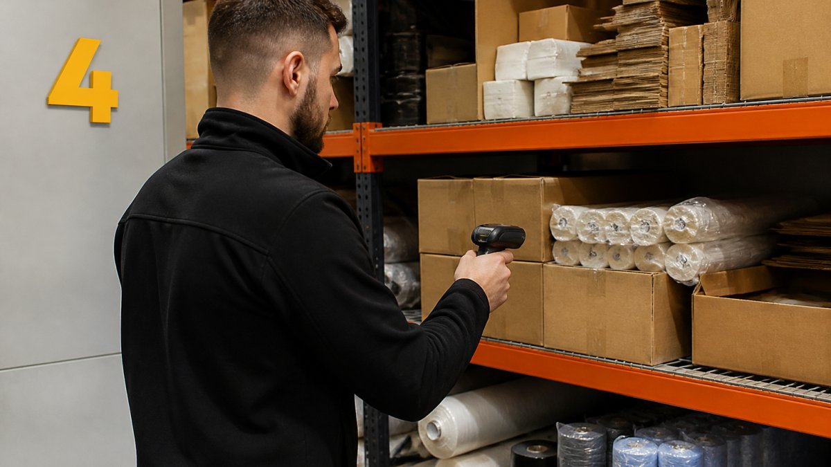 Warehouse employee using a handheld scanner to manage inventory levels in a storage facility with stocked shelves
