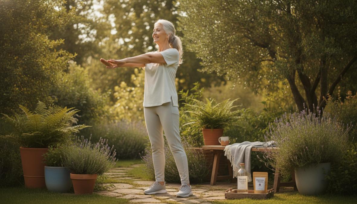 Senior adult performing gentle stretching exercises in a bright, comfortable living room with natural light from windows