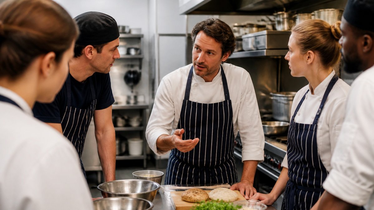 Head chef speaking with kitchen staff during a quiet moment, showing genuine engagement and active listening with team members gathered around a prep station, natural kitchen lighting
