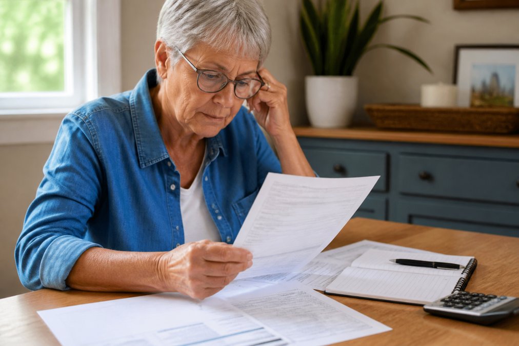 Senior adult reviewing Medicare documents and billing statements at a home desk with reading glasses and a notebook, carefully comparing forms