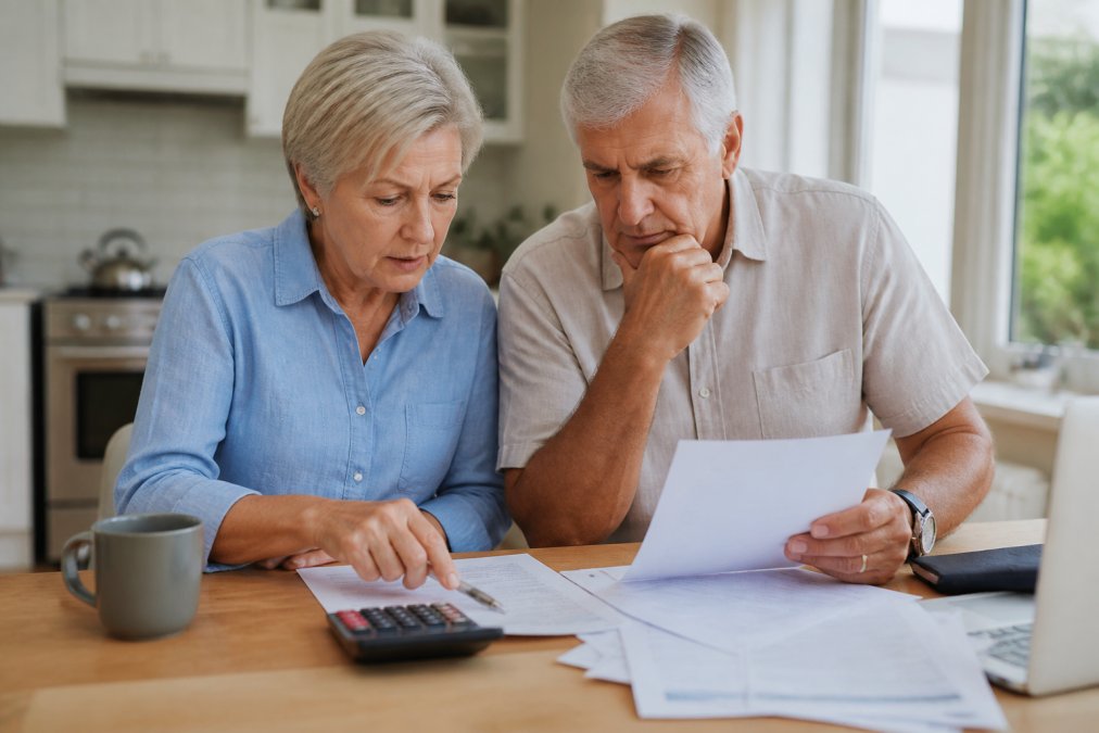Retired couple reviewing financial documents together at a kitchen table with a calculator and organized paperwork, planning their monthly budget