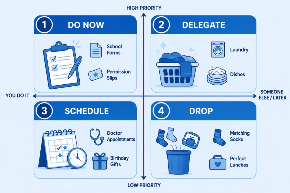 Two-by-two matrix sorting parenting tasks into four buckets: Do Now (school forms, permission slips), Delegate (laundry, dishes), Schedule (doctor appointments, birthday gifts), and Drop (matching socks, perfect lunches)