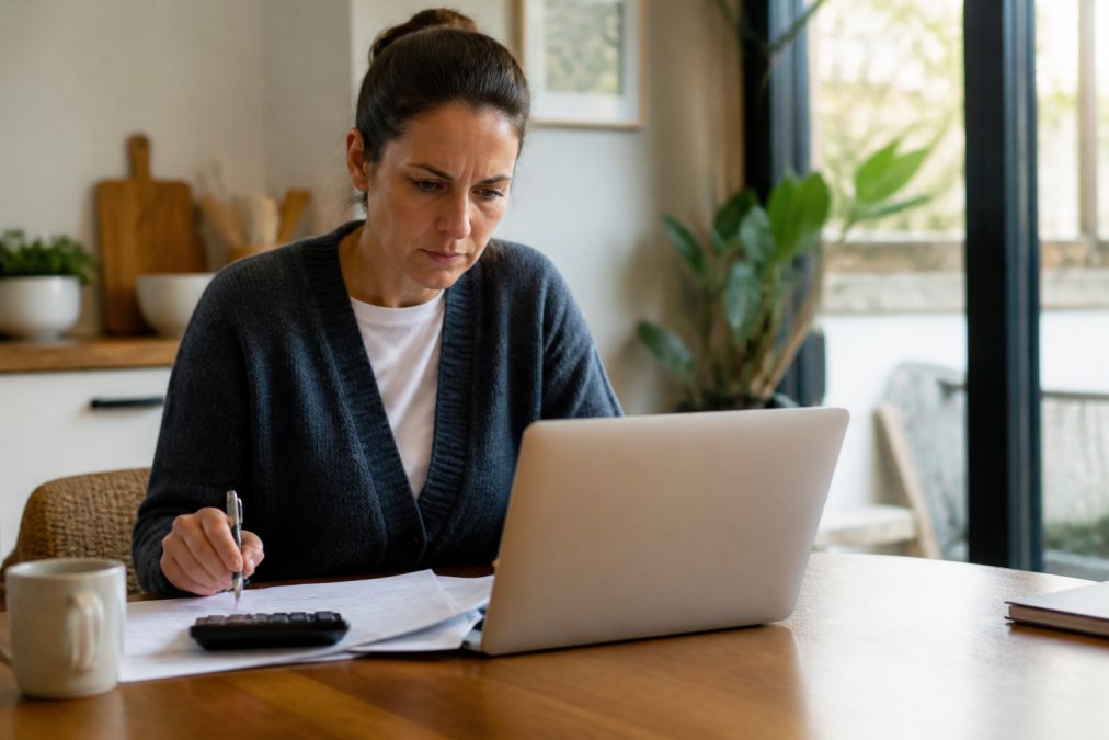 Person sitting at home desk with laptop, reviewing household budget spreadsheet with coffee nearby, looking focused and organised