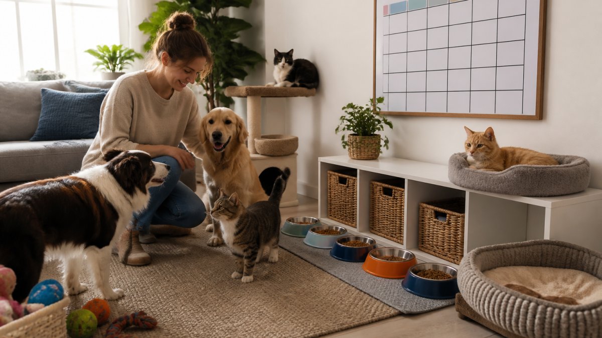 Pet owner following a daily routine to manage multi-pet household in a calm, organized living room with natural light