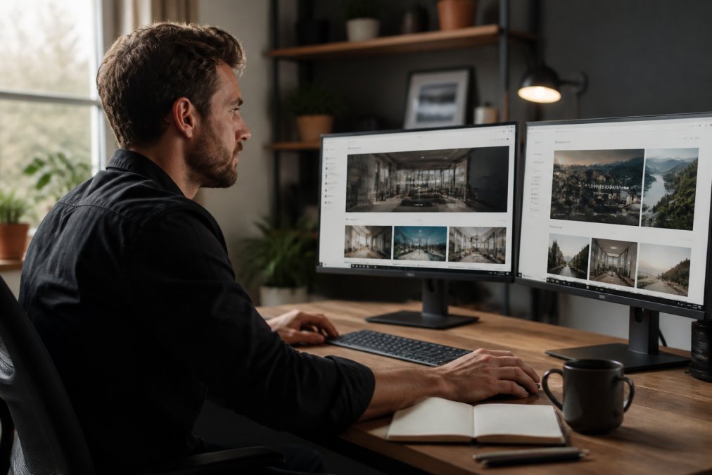 Manage Multiple Client Websites Easily: 2026 Agency Guide A web designer at a tidy desk with two monitors showing different client website dashboards, notebook and coffee nearby, soft natural window light
