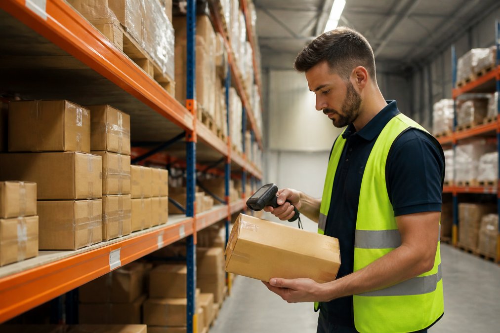 Warehouse worker scanning products with handheld inventory device, boxes stacked on shelves in background, demonstrating physical stock management and buffer tracking in organized warehouse environment with overhead lighting