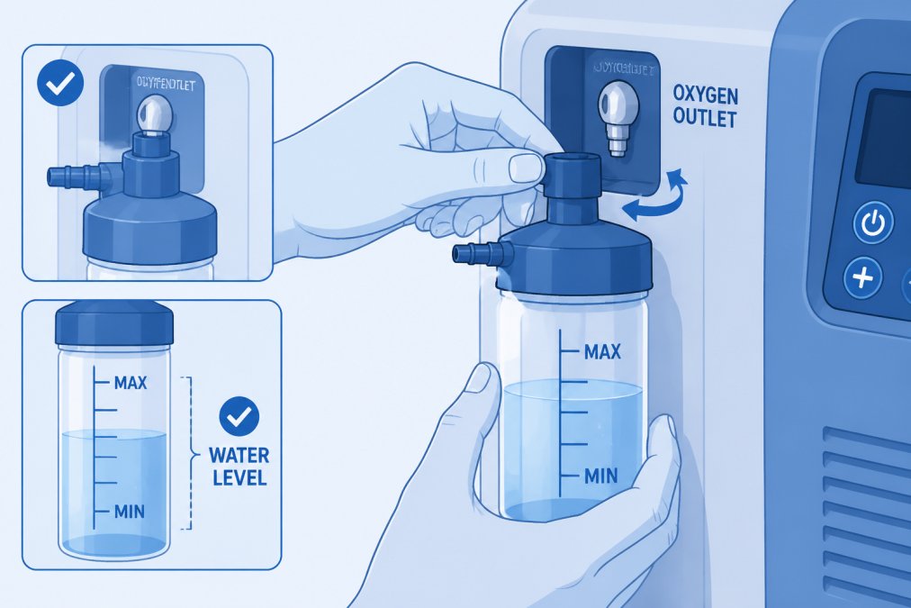 Close-up of hands adjusting a humidifier bottle connection on an oxygen concentrator outlet, showing water level and proper attachment