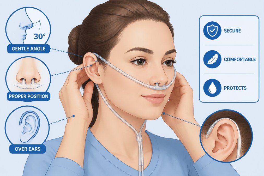 Close-up of a person adjusting a nasal cannula with proper positioning, showing gentle insertion angle and comfortable fit over the ears with natural lighting