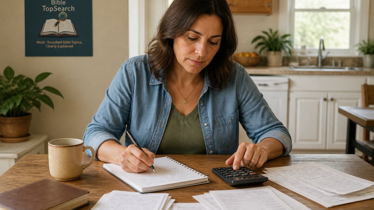 Person sitting at a kitchen table with a notebook, calculator, and bills spread out, planning their monthly budget in a calm, organized home setting