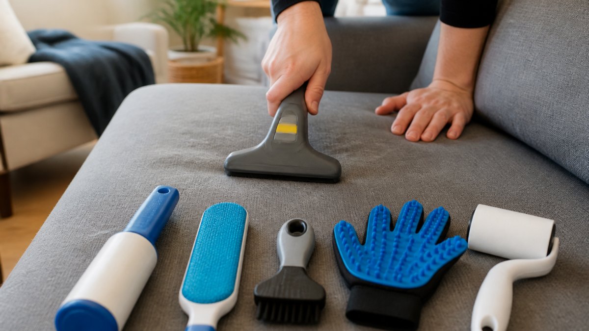 Close-up of hands using a handheld hair remover tool on a fabric sofa with visible pet hair, demonstrating the scraping action in a compact living room
