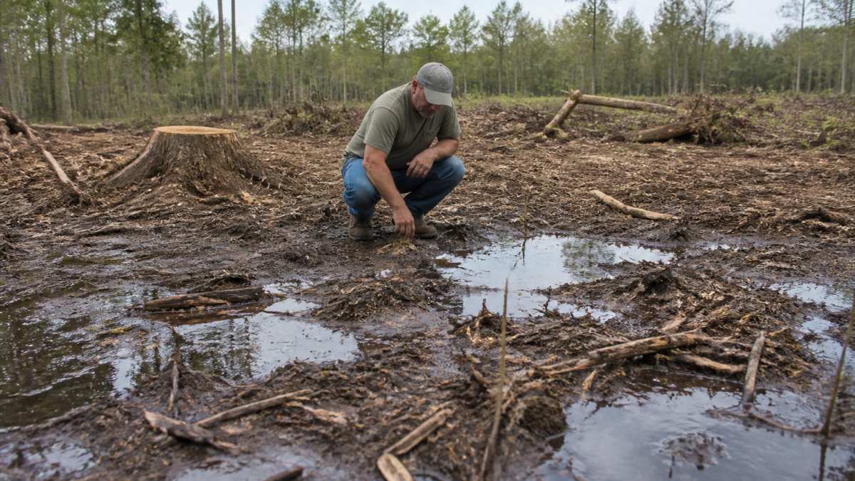 Property owner inspecting standing water for drainage after clearing trees from a muddy, stump-filled lot