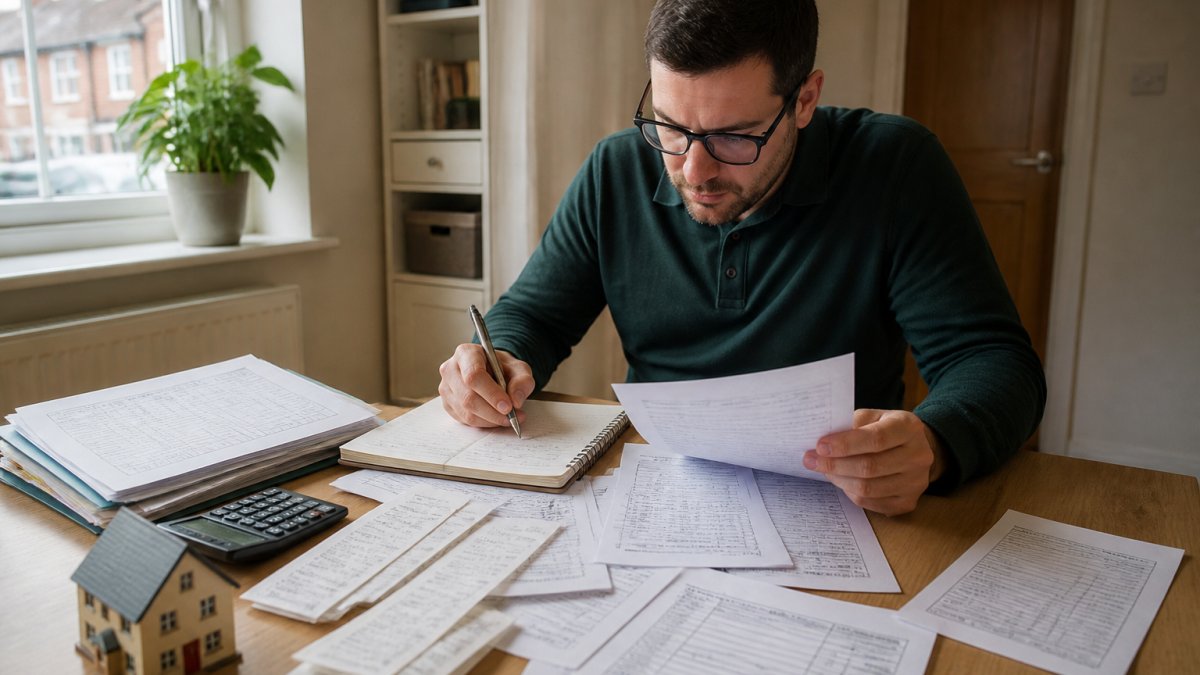 Landlord at wooden desk reviewing property documents, tax forms, and receipts with a notebook and pen, morning natural light from window