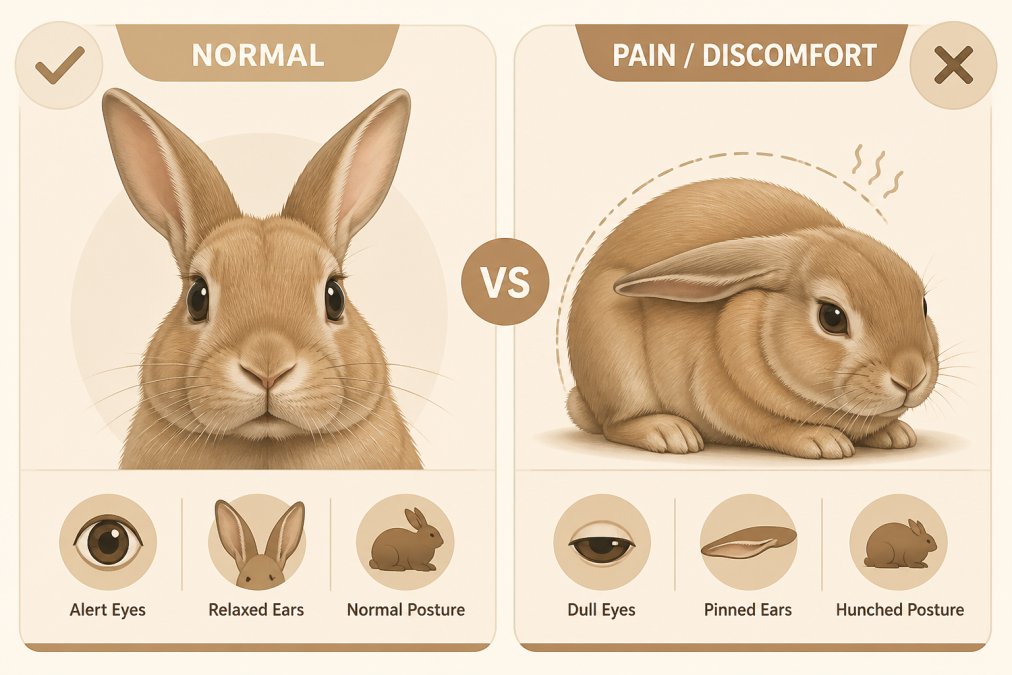 Close-up of a rabbit's face showing alert eyes and relaxed ears, demonstrating normal post-op behavior versus a hunched posture with pinned-back ears indicating discomfort