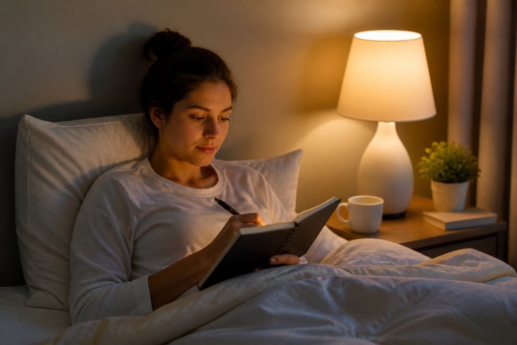 Person in bed at night, looking at a notebook or tablet with a relaxed posture, soft bedside lamp lighting the scene, demonstrating evening reflection and tracking