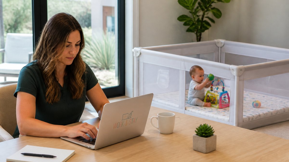Diagram showing a workspace layout for remote work with infants featuring a dedicated desk and playpen area
