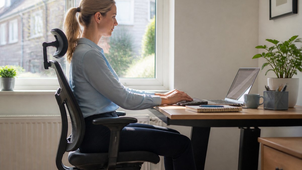 Office worker sitting at desk with correct posture, shoulders relaxed, screen at eye level, feet flat on floor, back supported by ergonomic chair in bright natural light