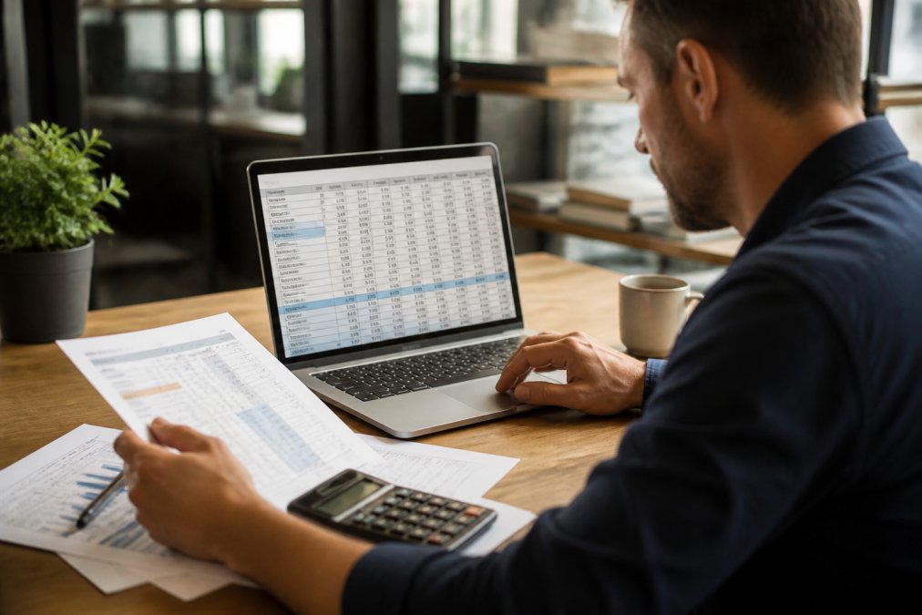Business owner reviewing detailed cash flow forecast spreadsheet on laptop with calculator and financial documents at desk in natural office lighting